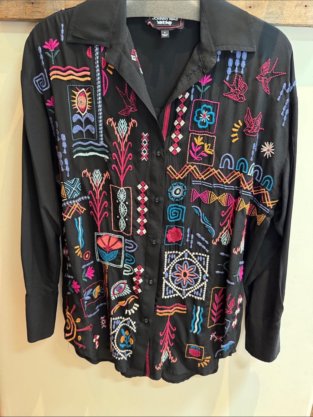 Johnny Was Black Embroidered Button-Up Blouse with Multicolor Embroidered Motifs